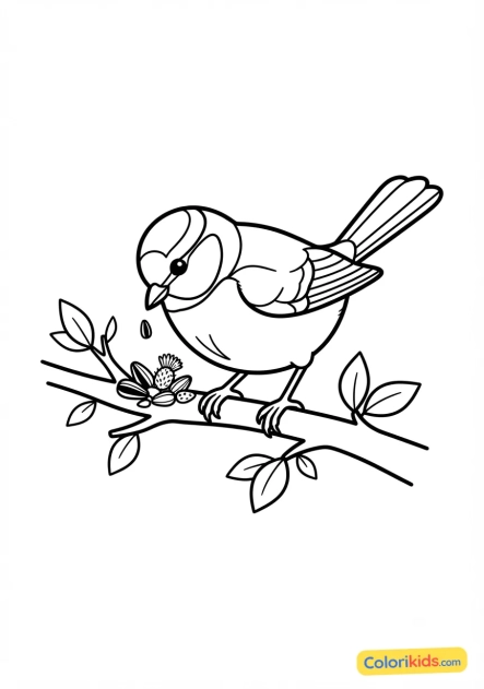 Coloriage à imprimer : mésange bleue picorant des graines