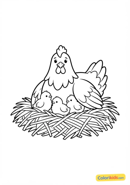 Coloriage à imprimer : poule et ses poussins dans la paille