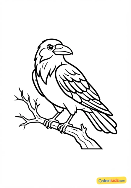 Coloriage à imprimer : corbeau noir brillant sur une branche morte