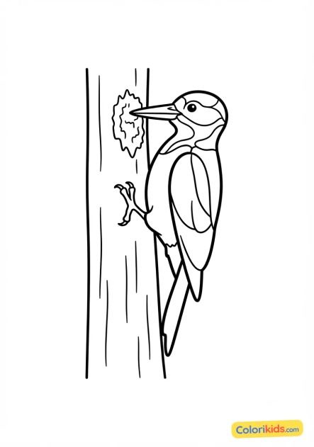 Coloriage à imprimer : pivert tambourinant sur le tronc d'un arbre