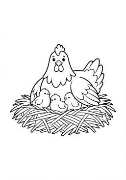 Voir le coloriage Poule et ses poussins dans la paille