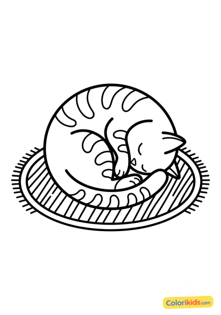Dibujo para colorear para imprimir: gato enrollado hecho bola sobre una alfombra