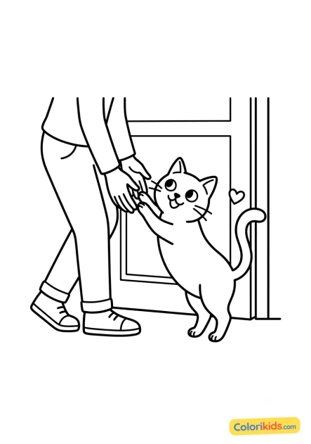 Desenho para colorir para imprimir: gato cumprimentando seu dono