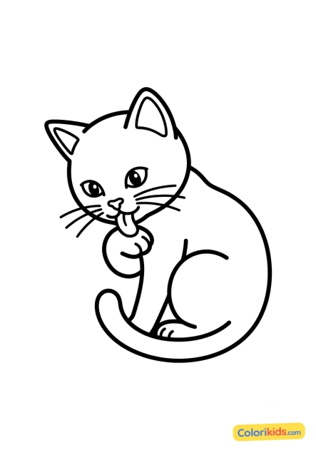 Desenho para colorir para imprimir: gato se limpando ao lamber a pata