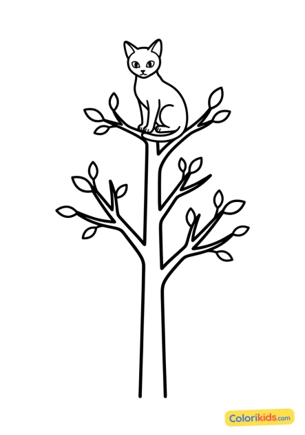Ausmalbild zum Ausdrucken: katze thront ganz oben auf einem Baum