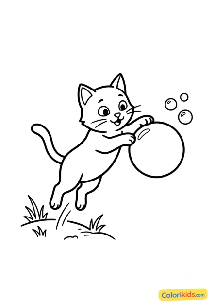 Ausmalbild zum Ausdrucken: katze spielt mit einer Seifenblase