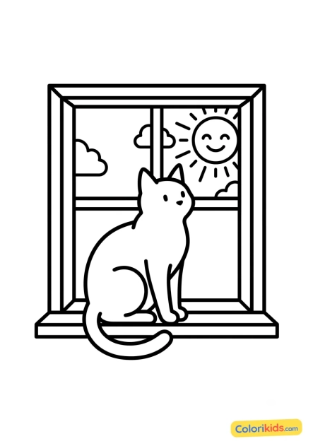 Dibujo para colorear para imprimir: gato sentado en el alféizar de una ventana soleada