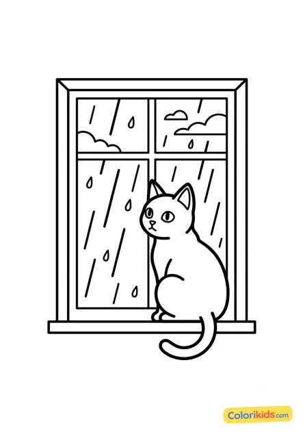 Ausmalbild zum Ausdrucken: katze schaut dem Regen durch eine Fensterscheibe zu