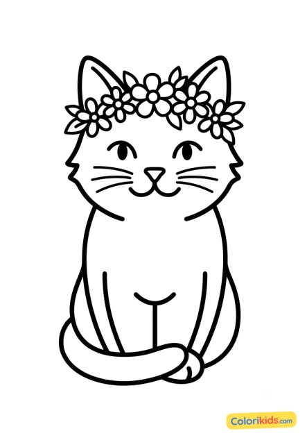 Ausmalbild zum Ausdrucken: katze mit einem kleinen Blumenkranz auf dem Kopf