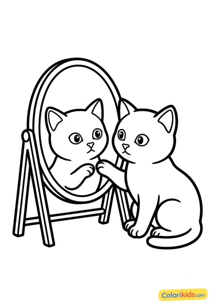 Dibujo para colorear para imprimir: gatito curioso frente a un espejo