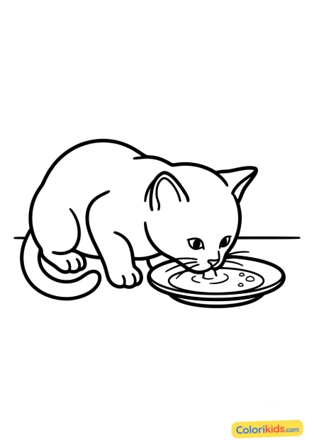 Dibujo para colorear para imprimir: gatito bebiendo un platito de leche