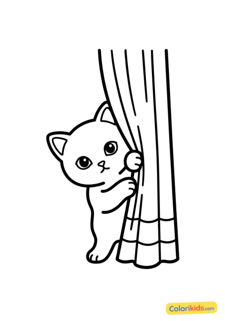 Desenho para colorir para imprimir: gatinho escondido atrás de uma cortina