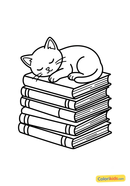 Dibujo para colorear para imprimir: gatito durmiendo sobre una pila de libros