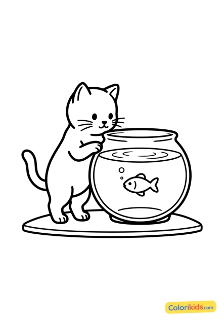 Ausmalbild zum Ausdrucken: kätzchen beobachtet einen Fisch im Glas