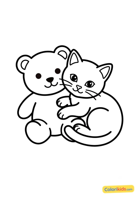 Desenho para colorir para imprimir: pequeno gatinho aninhado a um brinquedo de pelúcia