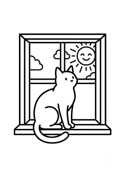 Dibujo para colorear Gato sentado en el alféizar de una ventana soleada