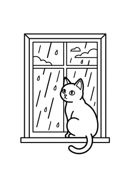Dibujo para colorear Gato mirando la lluvia caer tras un cristal