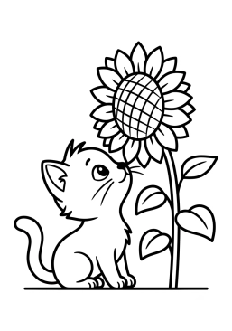 Dibujo para colorear Gatito curioso oliendo una flor de girasol