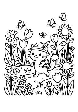 Dibujo para colorear Gato explorador en un jardín florido