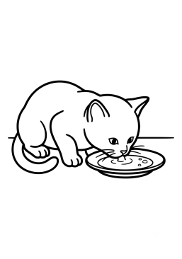 Dibujo para colorear Gatito bebiendo un platito de leche