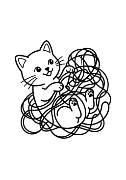 Dibujo para colorear Gatito jugando con un ovillo de lana enredado