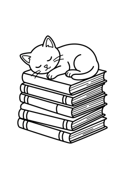 Dibujo para colorear Gatito durmiendo sobre una pila de libros