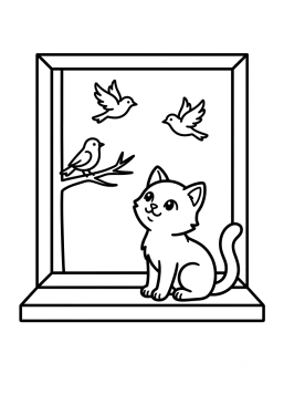 Dibujo para colorear Gatito acechando a los pájaros en el alféizar