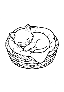 Dibujo para colorear Gatito durmiendo en una cesta acogedora