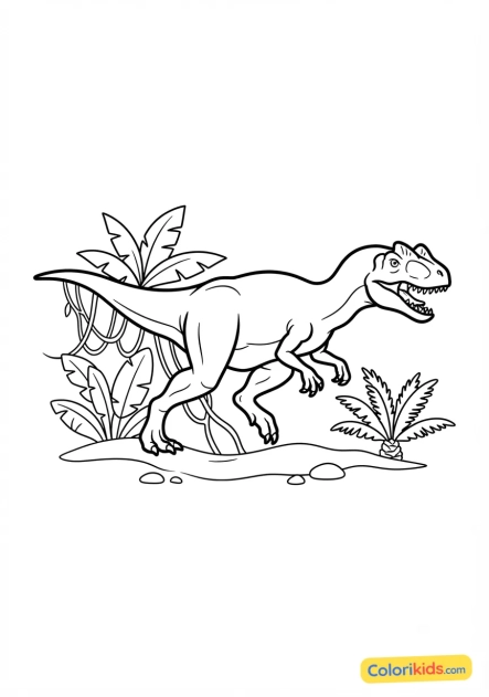 Coloriage à imprimer : allosaure chassant dans la jungle