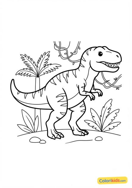 Coloriage à imprimer : mégalosaure dans une forêt préhistorique