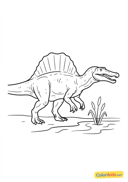 Coloriage à imprimer : spinosaurus puissant près d'un marais