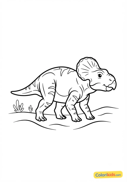 Coloriage à imprimer : protocératops dans le désert de sable