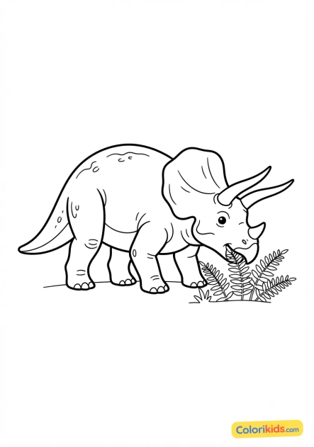 Coloriage à imprimer : tricératops broutant dans la fougère