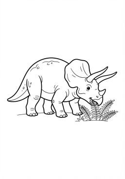 Voir le coloriage Tricératops broutant dans la fougère