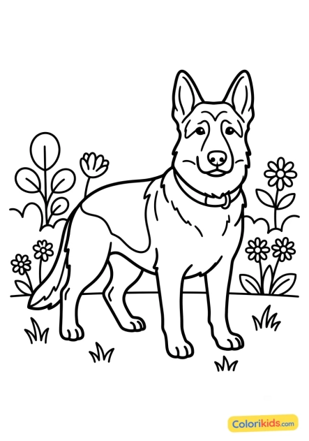 Desenho para colorir para imprimir: pastor Alemão atento no jardim