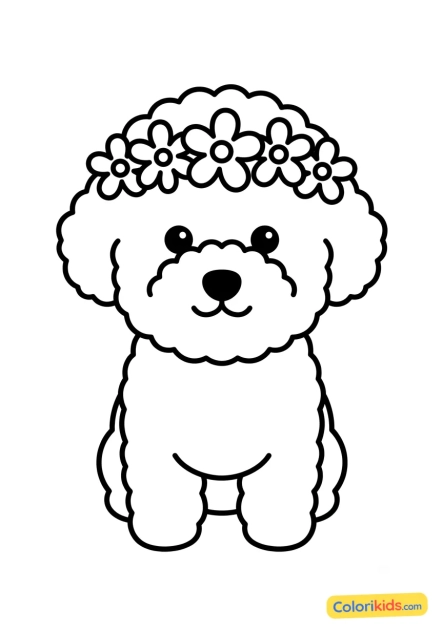 Desenho para colorir para imprimir: bichon Frisé com coroa de flores