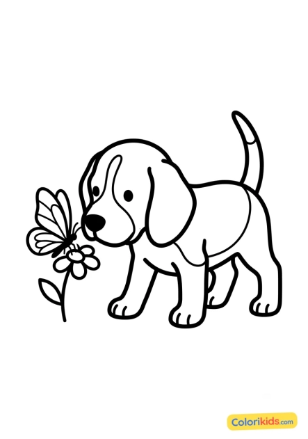 Dibujo para colorear para imprimir: beagle curioso oliendo una mariposa