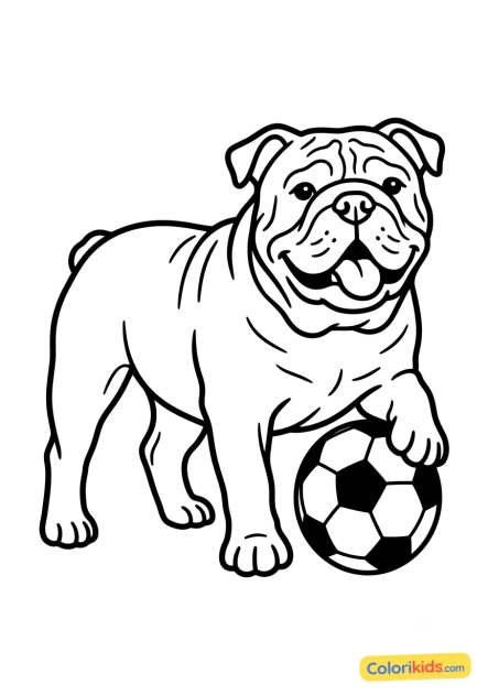 Ausmalbild zum Ausdrucken: englische Bulldogge mit einem Fußball