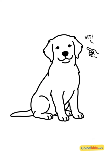 Ausmalbild zum Ausdrucken: golden-Retriever-Welpe lernt zu sitzen