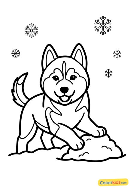 Ausmalbild zum Ausdrucken: verspielter Husky-Welpe im Schnee