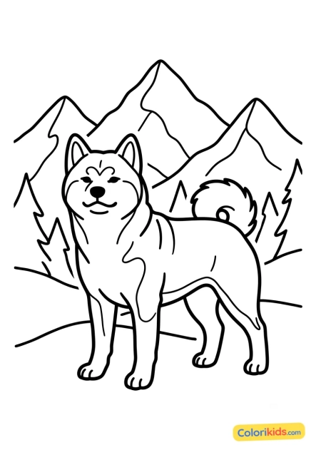 Ausmalbild zum Ausdrucken: stolzer Akita Inu in Bergkulisse
