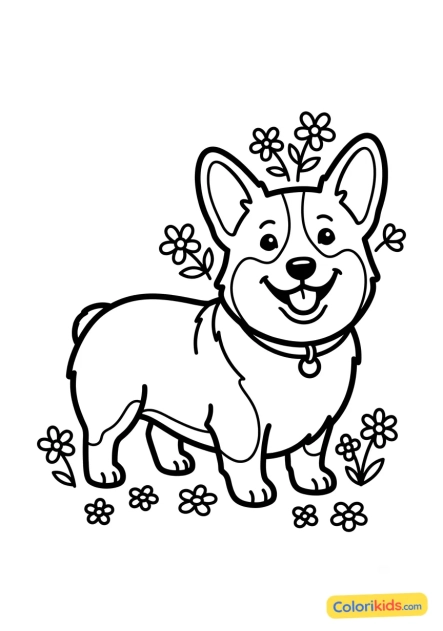 Ausmalbild zum Ausdrucken: lächelnder und blumiger Corgi