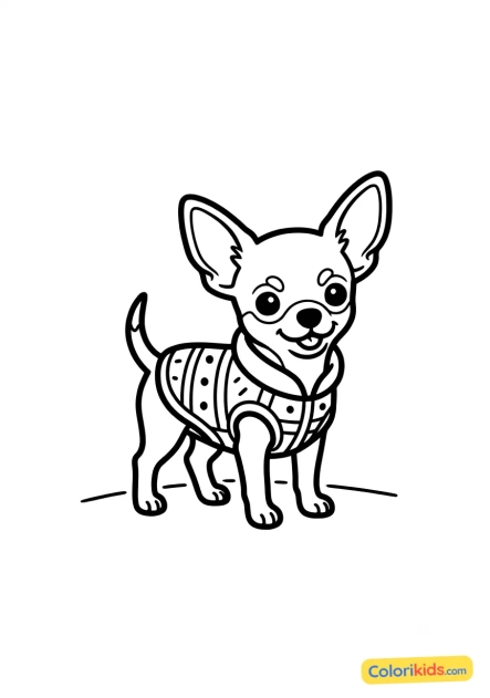 Desenho para colorir para imprimir: chihuahua minúsculo e elegante com casaco pequeno