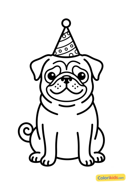 Ausmalbild zum Ausdrucken: mops mit einem kleinen Geburtstagshut