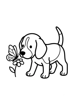 Dibujo para colorear Beagle curioso oliendo una mariposa