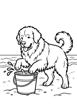 Dibujo para colorear Perro Terranova jugando con un cubo de agua
