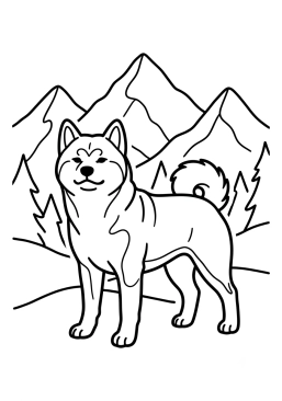 Dibujo para colorear Akita Inu orgulloso en un entorno montañoso