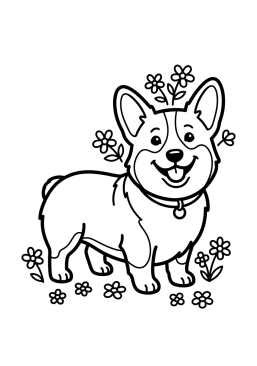 Dibujo para colorear Corgi sonriente y florido