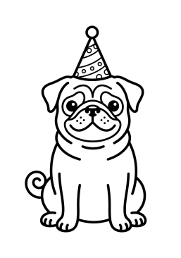 Dibujo para colorear Pug con un gorrito de cumpleaños