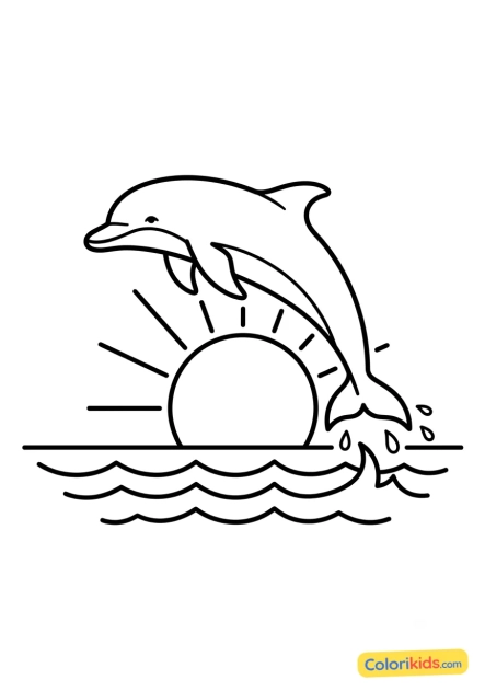 Dibujo para colorear para imprimir: delfín al atardecer sobre el mar